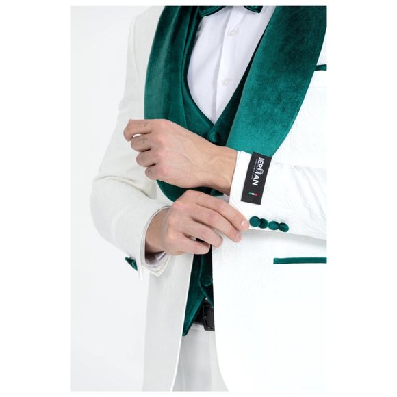 Derman Green Luxury Floral Textured Velvet Collar 3 Piece Tuxedo - Picture 5 of 6